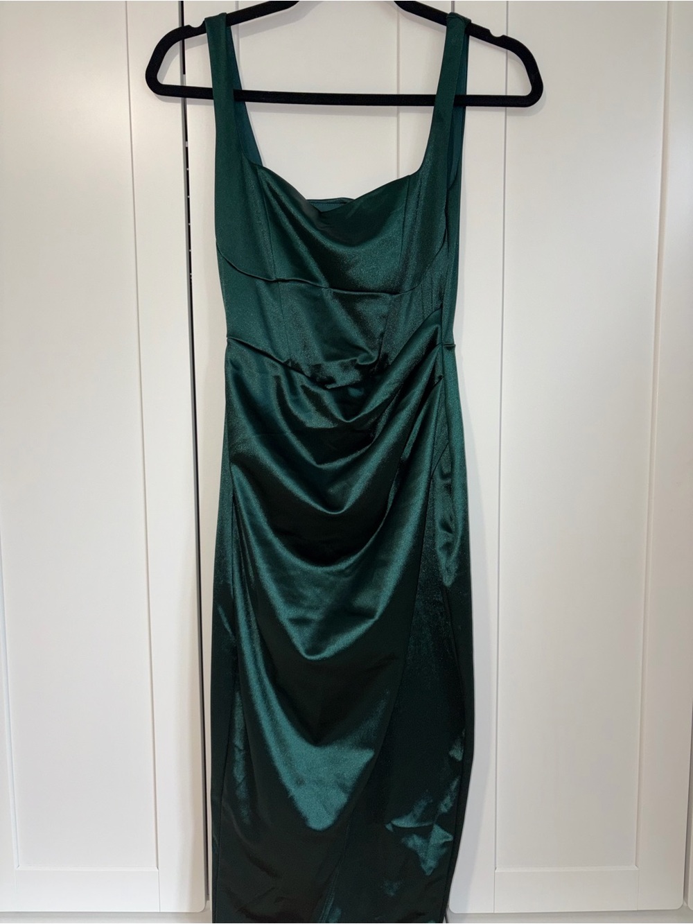 Emerald Satin square Neck midi Dress